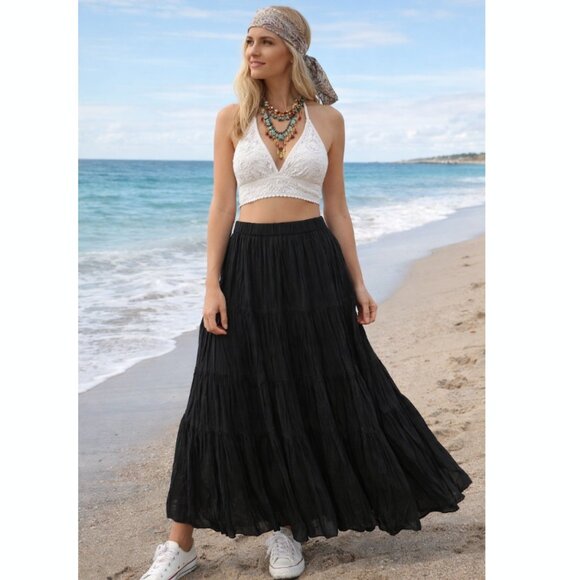 ELLOS Dresses & Skirts - Black Cotton Tiered Lined Crinkle Maxi Skirt NWT elastic-waist boho festival